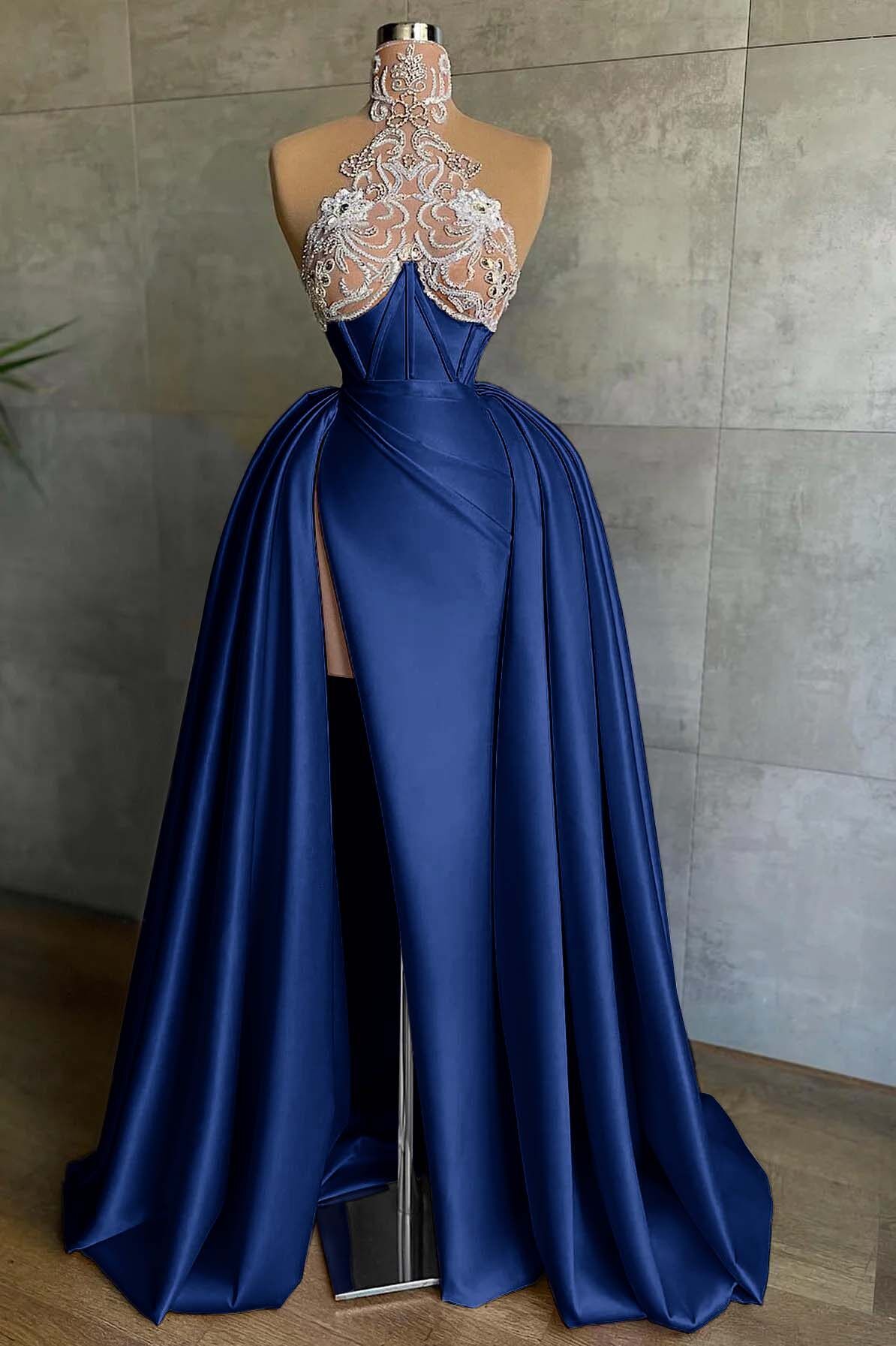 Halter Sleeveless Mermaid Split Long Formal Dress With Appliques