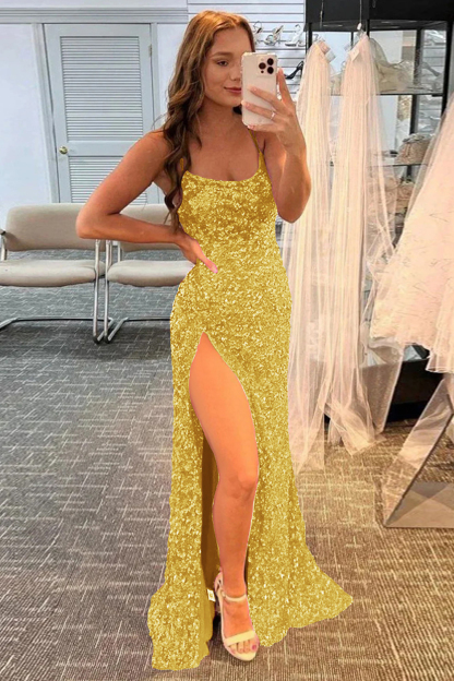 Long Red Mermaid Prom Dress Featuring Sequins and a Slit