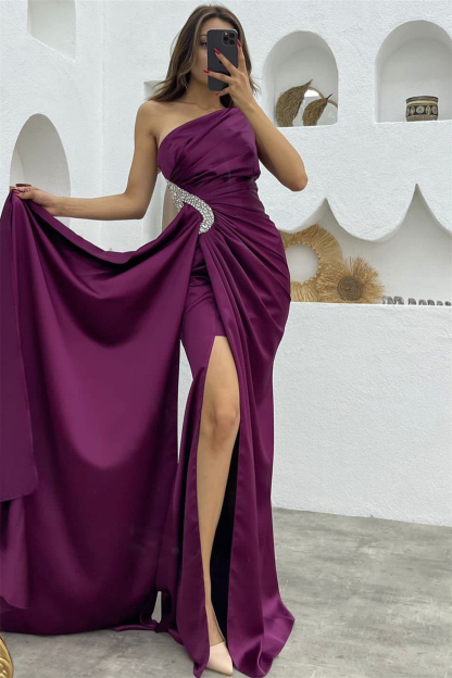 Dark Purple Sequins Mermaid One Shoulder Evening Dress With Long Ruffles Split
