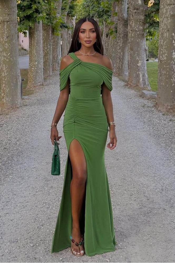 One Shoulder Sleeveless Long Mermaid Formal Dress With Split Pleated