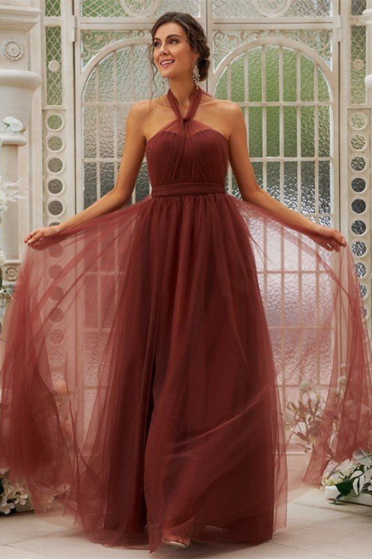 Rust Tulle Halter Long Bridesmaid Dress