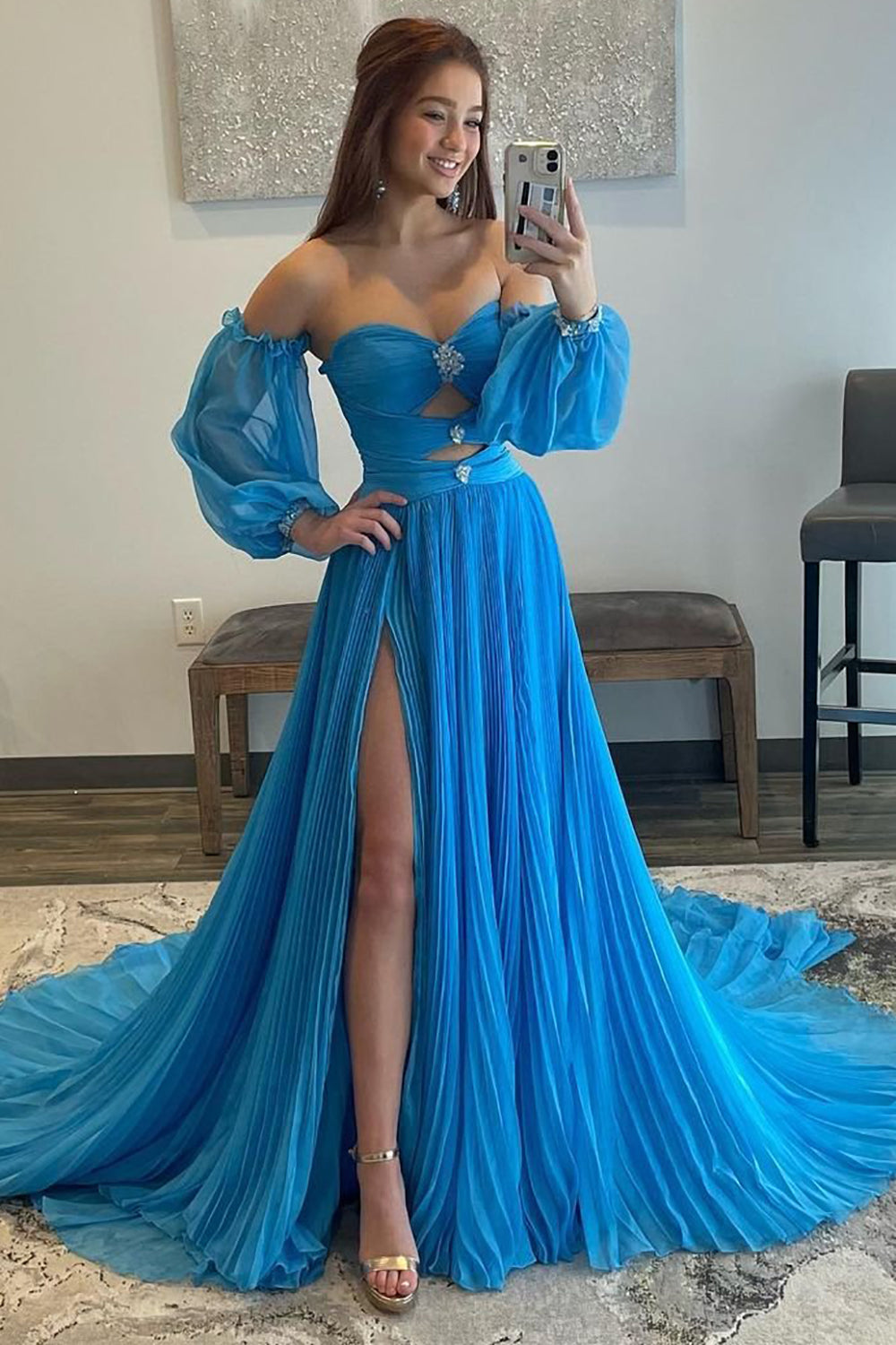 Long Blue Sweetheart A-Line Prom Dress with Front Split