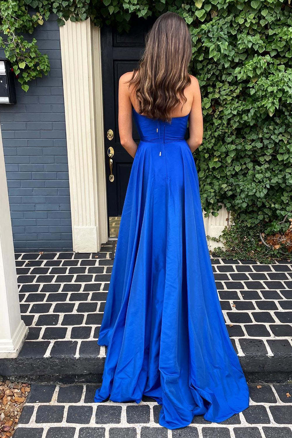 Royal Blue Long Prom Dress with Deep V Neck and Front Split in Simple A-Line