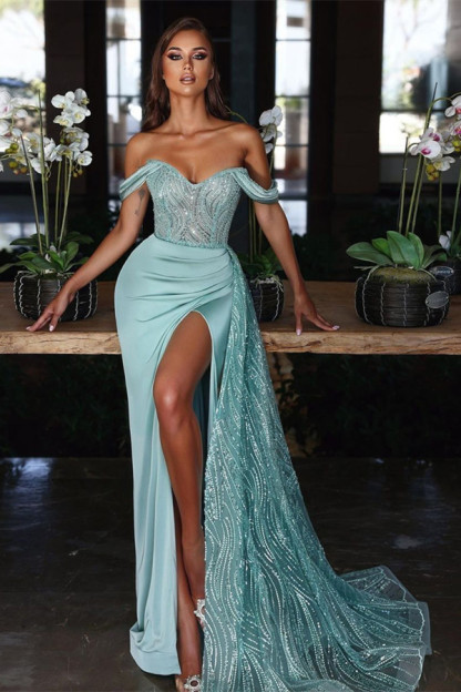 Light Blue Long Slit Mermaid Off-The-Shoulder Evening Dress With Sequins Ruffles