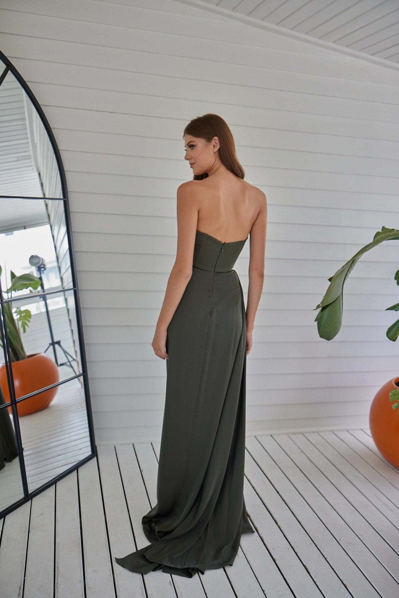 Fashionable Satin Maxi Strapless Wedding Guest or Prom Dress