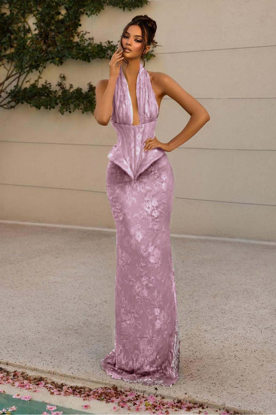 Halter Sleeveless Long Mermaid Formal Dress With Lace Appliques