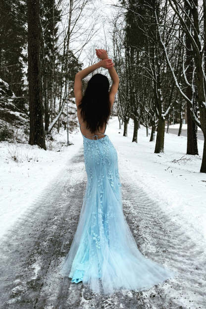 Long Blue Prom Dress with Mermaid Spaghetti Straps and Backless Design