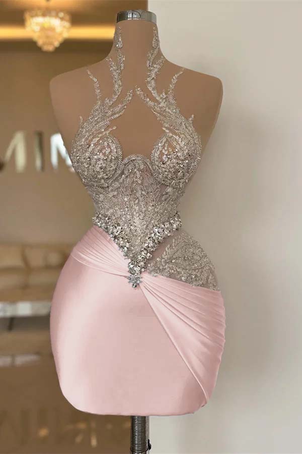 White High-Grade Exquisite Beaded Pleated Tights Short Mini cocktail Dress