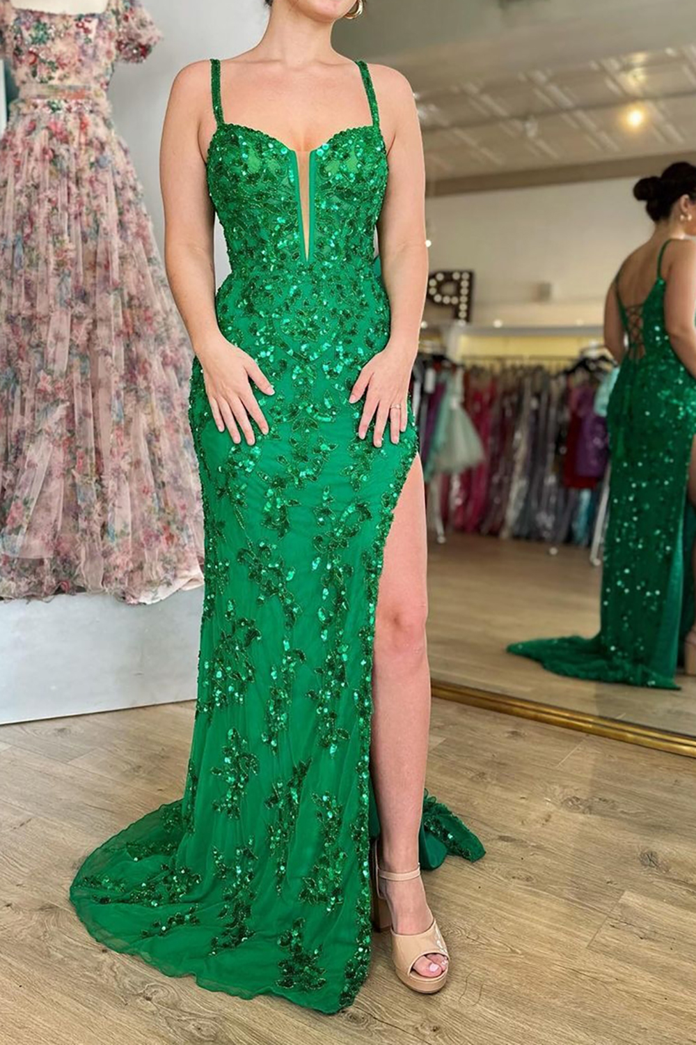Long Blue Sparkly Prom Dress with Sheath Silhouette and Sequined Slit