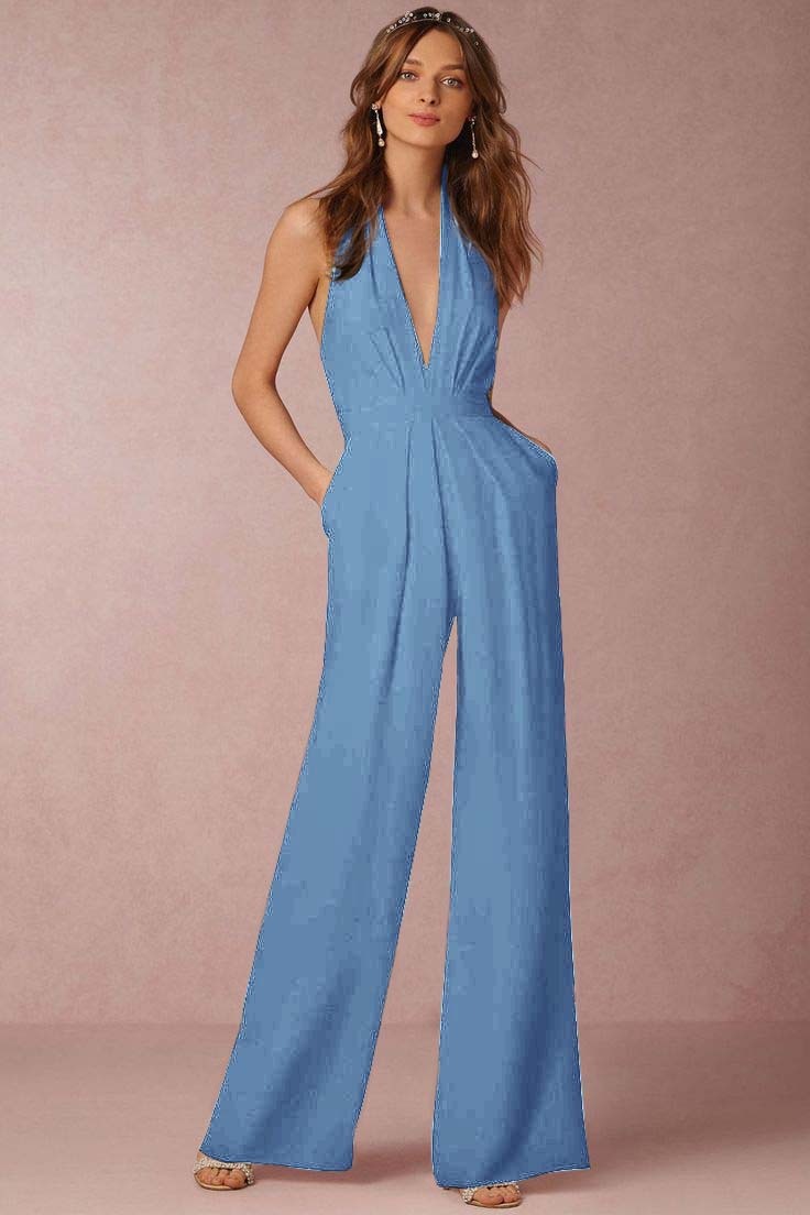 Casual Black Deep V-Neck Halter Long Daily Jump Suit