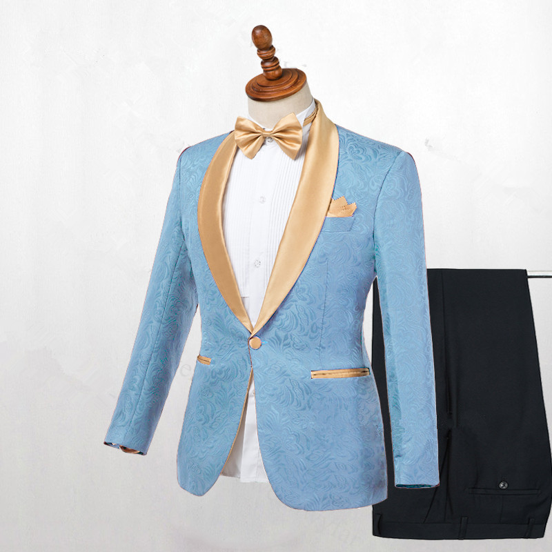 Stylish Blue Shawl-Lapel Wedding Suit for Men with a Single Button