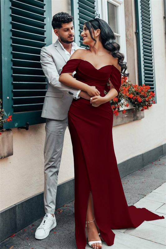 Charmeuse Off-the-Shoulder Wedding Dress with Split
