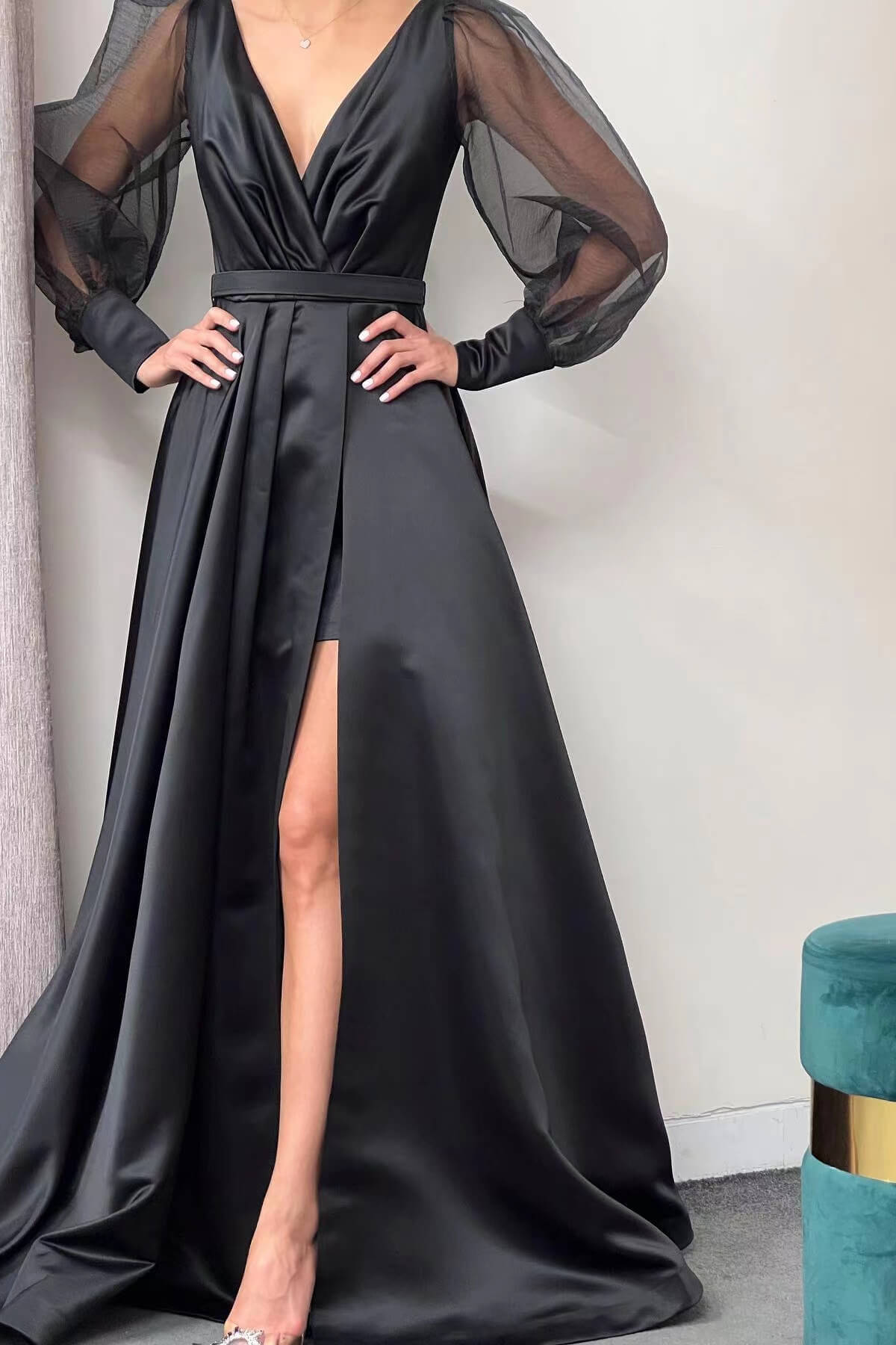 A-Line Long Slit Puff Sleeves Evening Dress