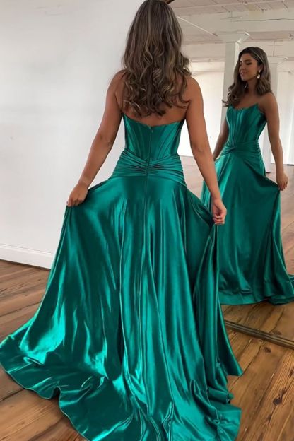 Stylish Green Strapless A-Line Prom Corset Dress with Front Split