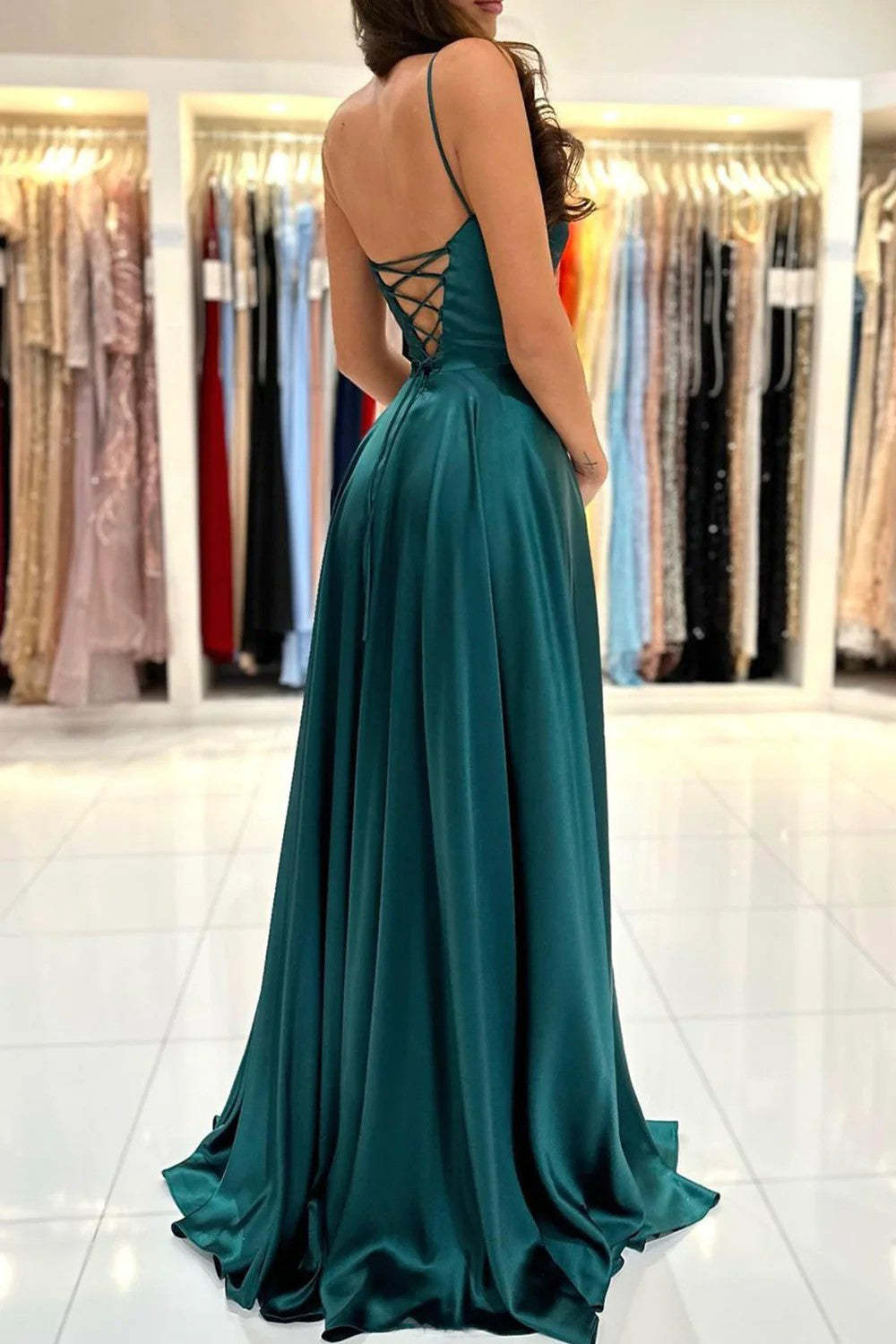 Dark Green Backless Satin Prom Dress with Spaghetti Straps in A-Line