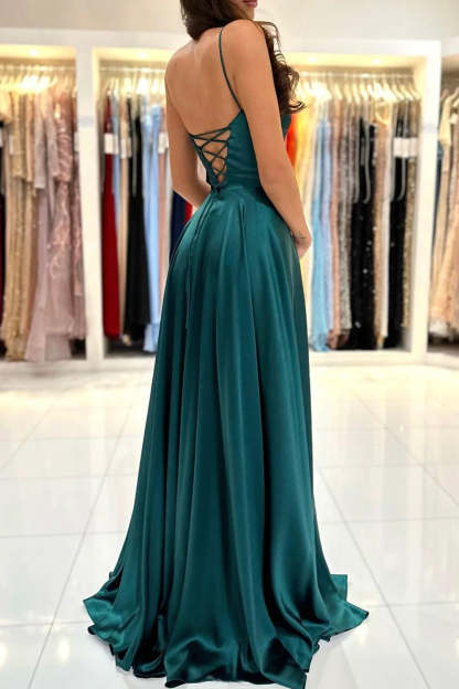 Dark Green Backless Satin Prom Dress with Spaghetti Straps in A-Line