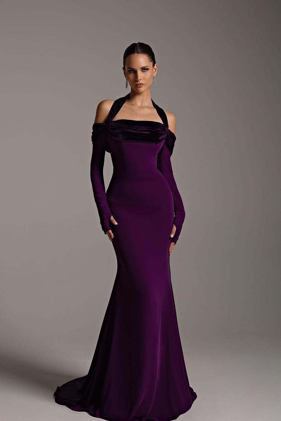 Chic Regency Satin Off-The-Shoulder Halter Long Sleeves Mermaid Prom Dress
