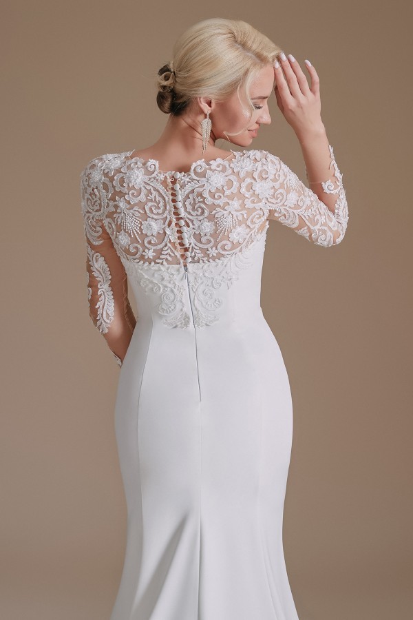 Romantic Mermaid Jewel Satin Lace Long Wedding Dress with Sleeves