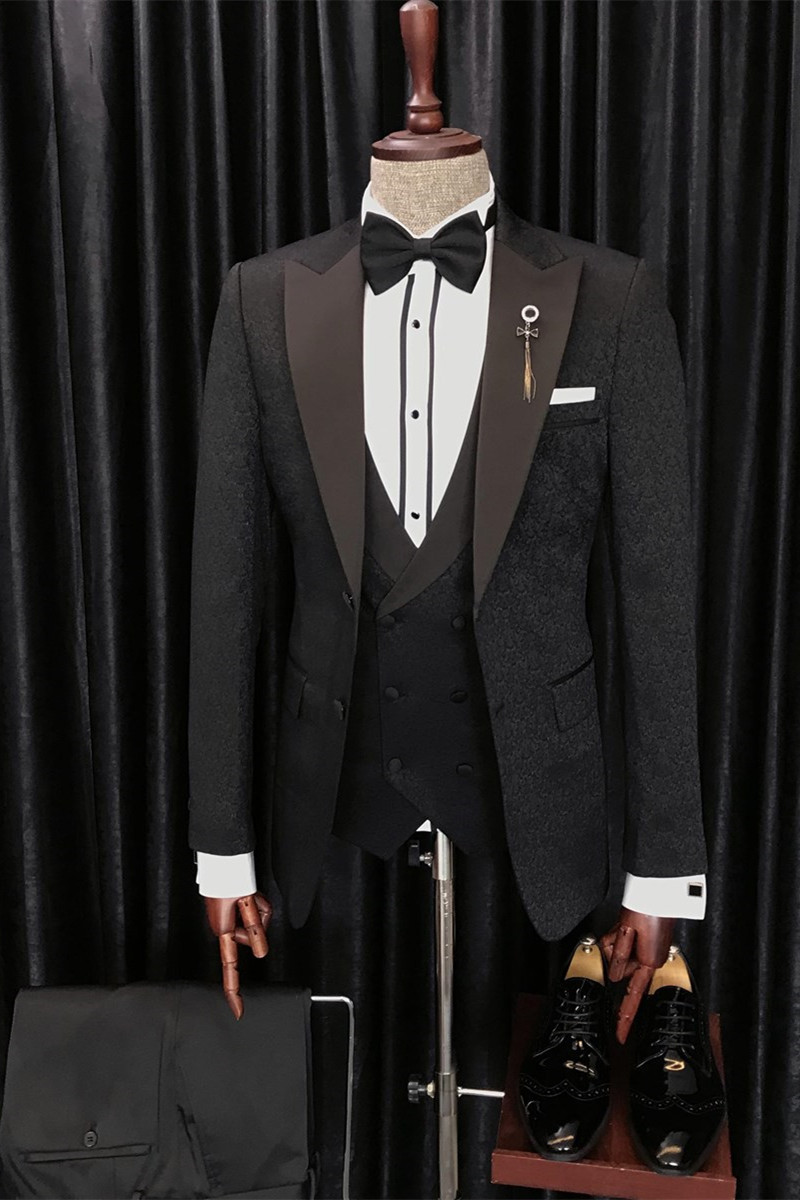 Newest Anthony Black Jacquard Three-Piece Peaked Lapel Wedding Men's Suits