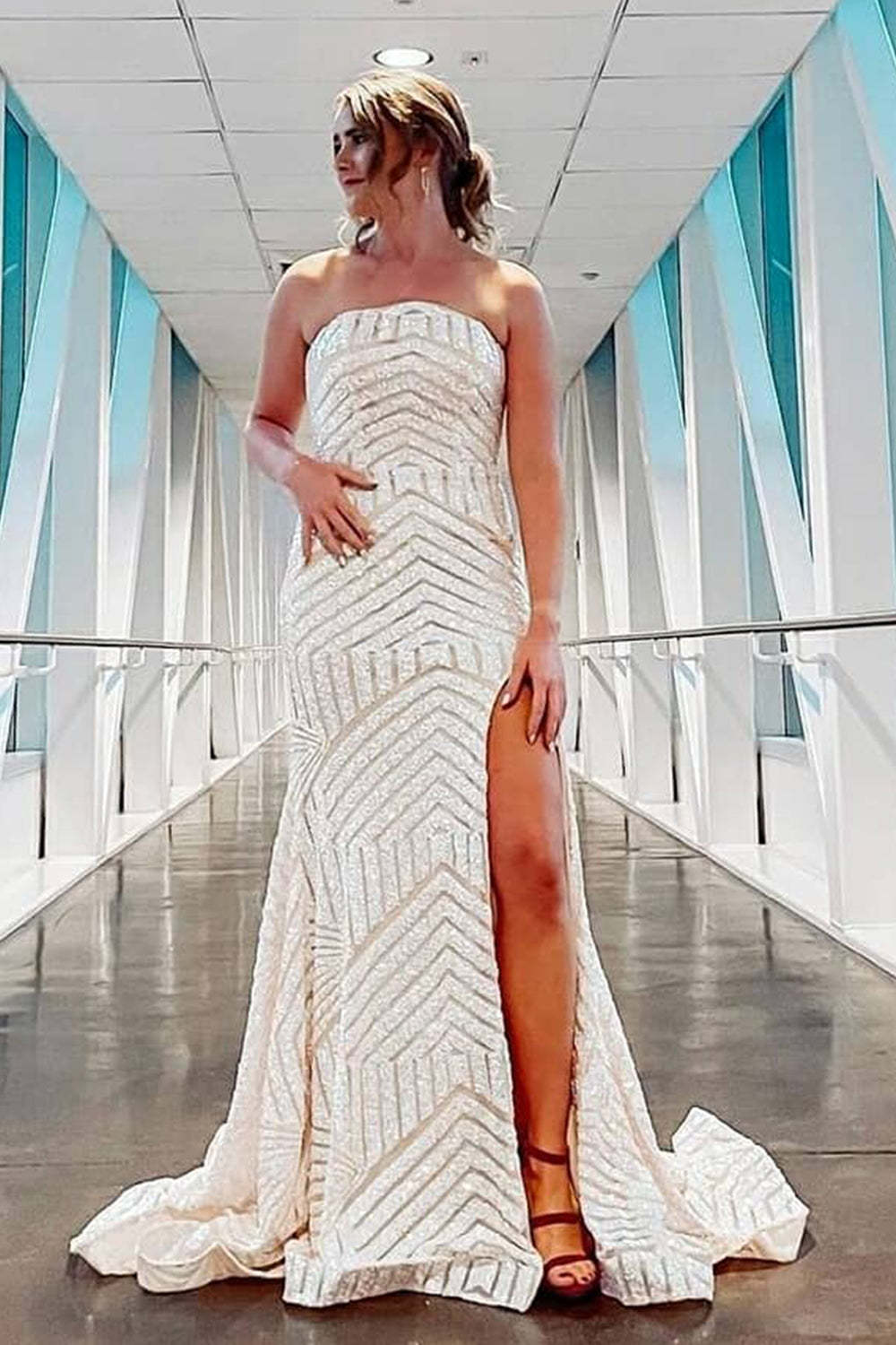 Long Strapless Prom Dress with Sky Blue Sequins