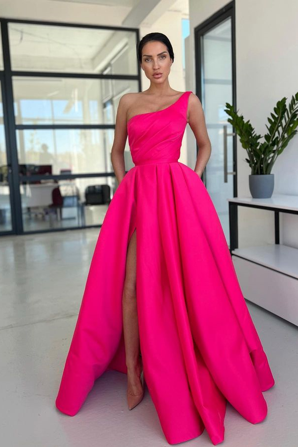 Charming Hot Pink One Shoulder Sleeveless Split A-Line Prom Dress