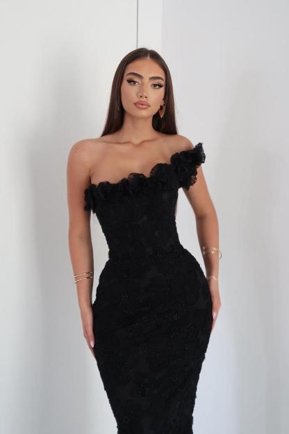 Black One Shoulder Sleeveless Lace Appliques Mermaid Long Formal Dress