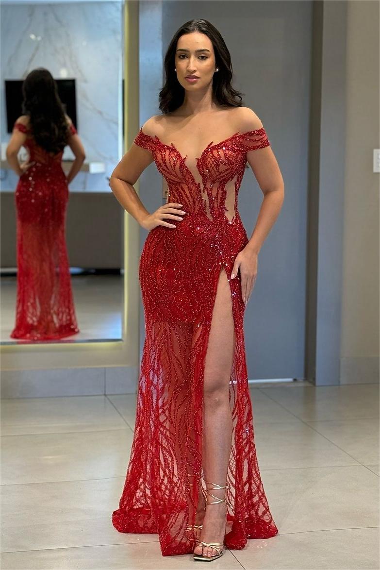 Chic Red Off the Shoulder High Split Long Formal Dress With Bead Embroidery