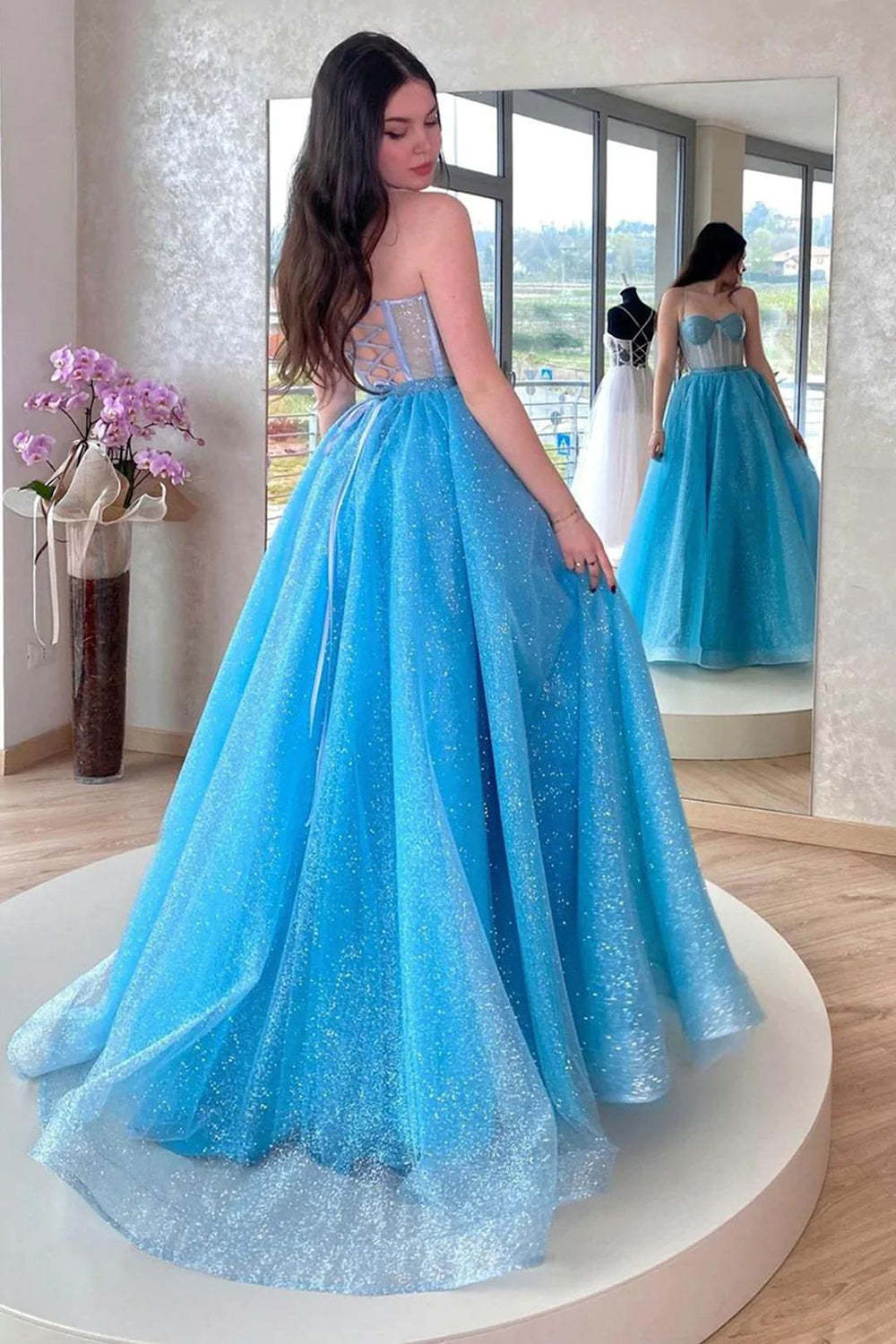 Light Blue Sequins Long Prom Dress with Bling A-Line Spaghetti Straps