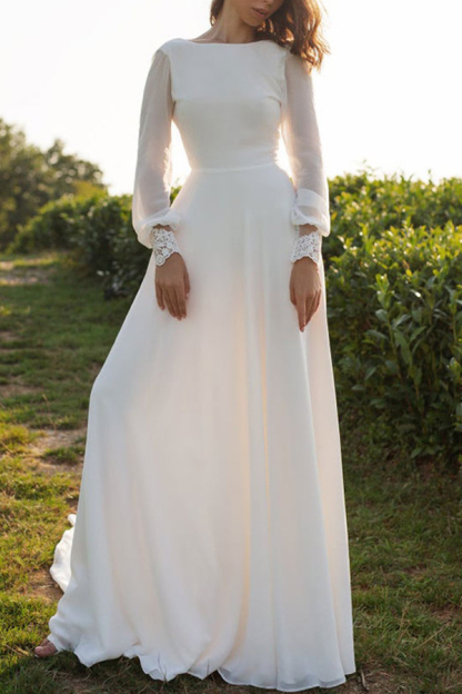 Tulle Bateau Long Sleeves Boho Wedding Dress A-Line Open Back