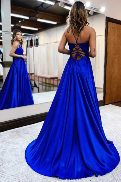 Gorgeous Royal Blue Sweetheart Spaghetti Straps Slit Evening Dress With Appliques