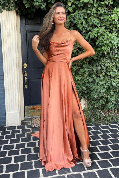 Blush Spaghetti Strap A-Line Long Prom Dress with Front Split