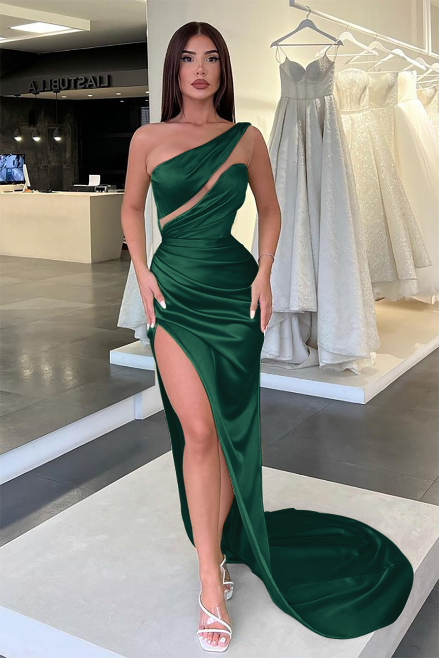 Light Green One-Shoulder Long Sleeveless Slit Evening Dress