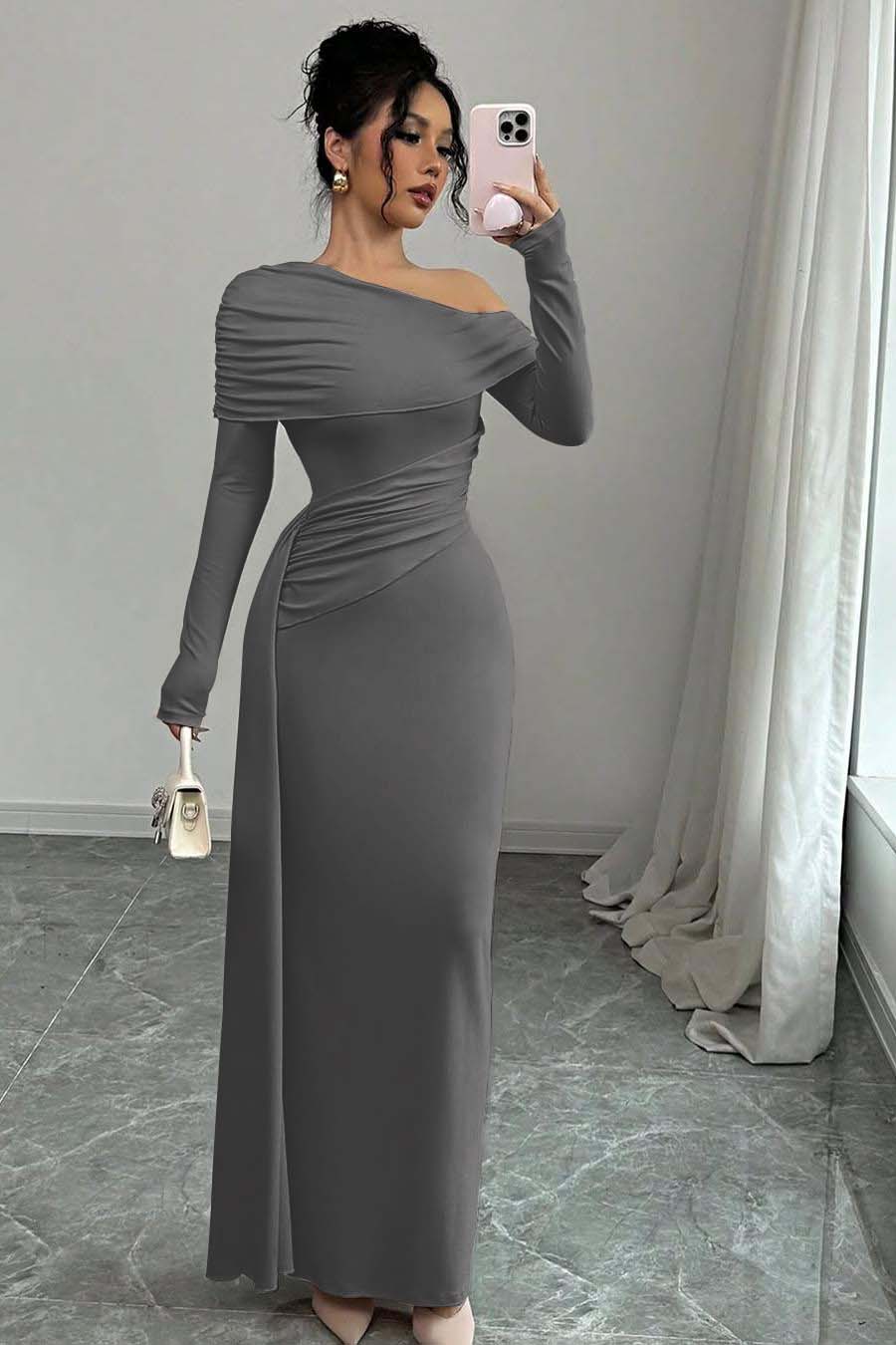 Off the Shoulder Long Sleeves Long Mermaid Formal Dress With Ruffles