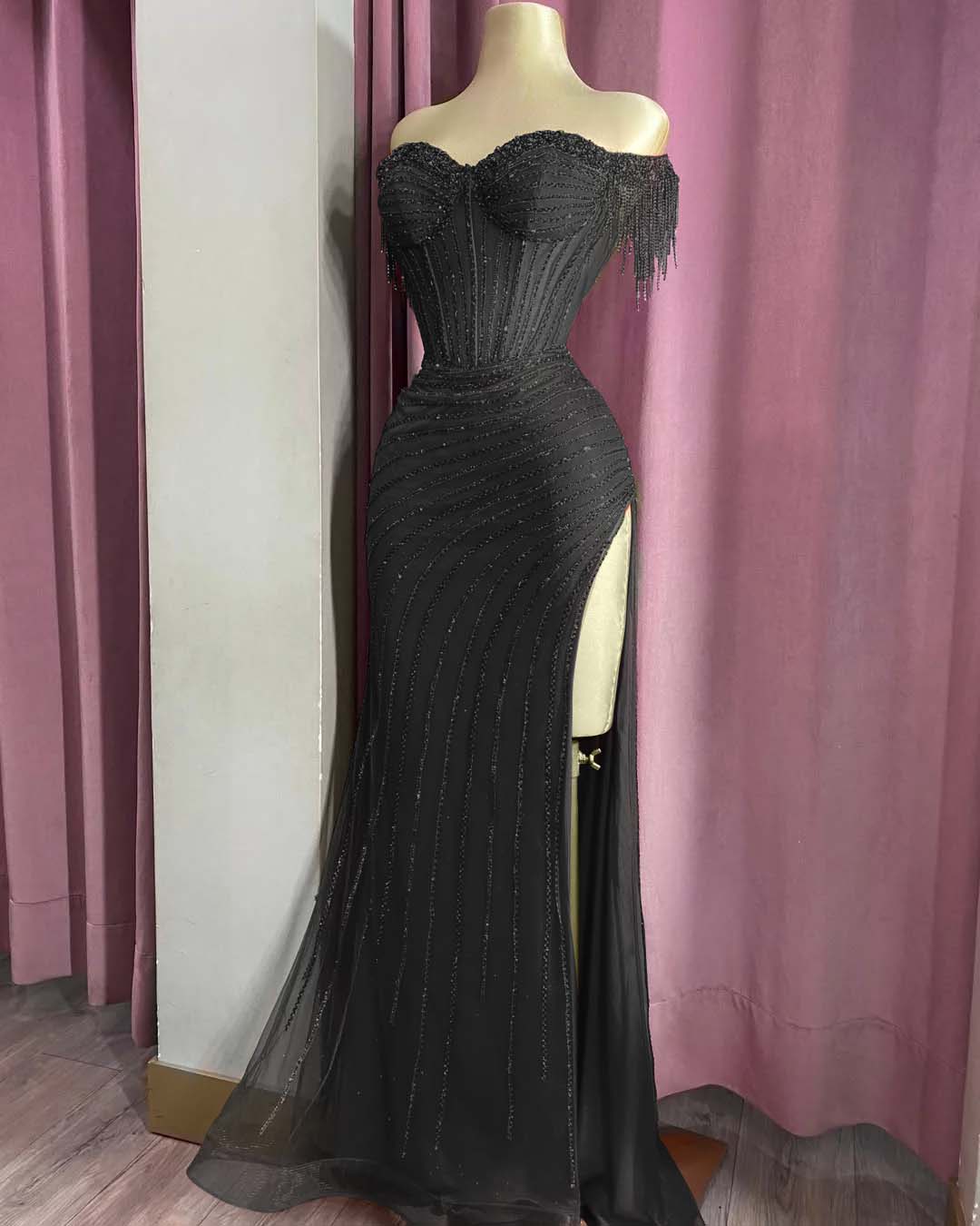 Off the Shoulder Sleeveless Long Split Formal Dress With Beading