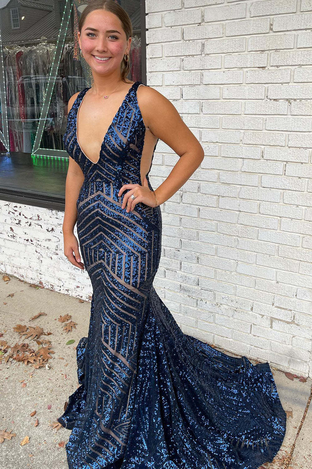 Orange Sequins Long Prom Dress with Deep V Neck and Open Back in Mermaid Style