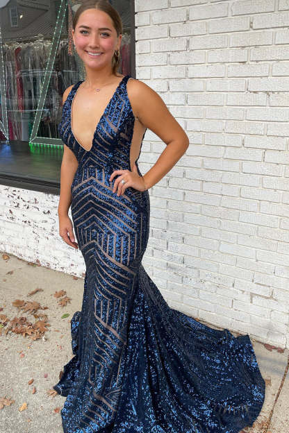 Orange Sequins Long Prom Dress with Deep V Neck and Open Back in Mermaid Style