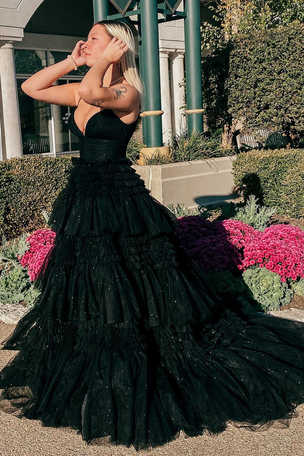 Long Prom Dress with Red Tulle and Spaghetti Straps