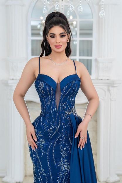 Exquisite Royal Blue Spaghetti Strap Sleeveless Mermaid Formal Dress With Embroidery