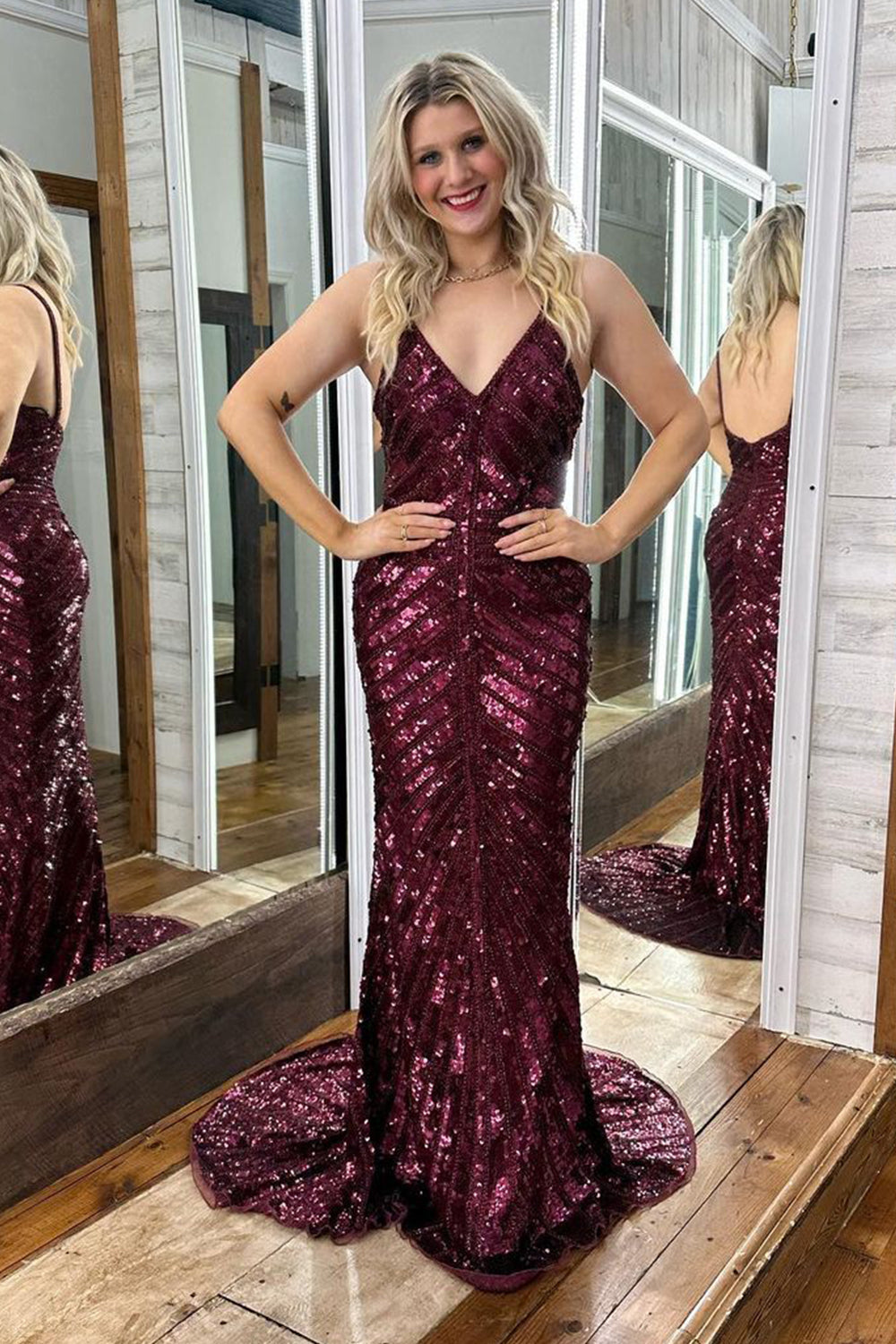 Long Backless Burgundy Prom Dress with Mermaid Hem and Sequined Spaghetti Straps