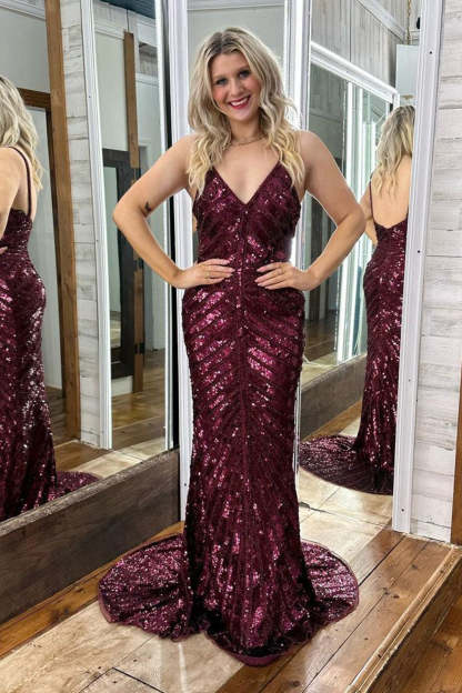 Long Backless Burgundy Prom Dress with Mermaid Hem and Sequined Spaghetti Straps
