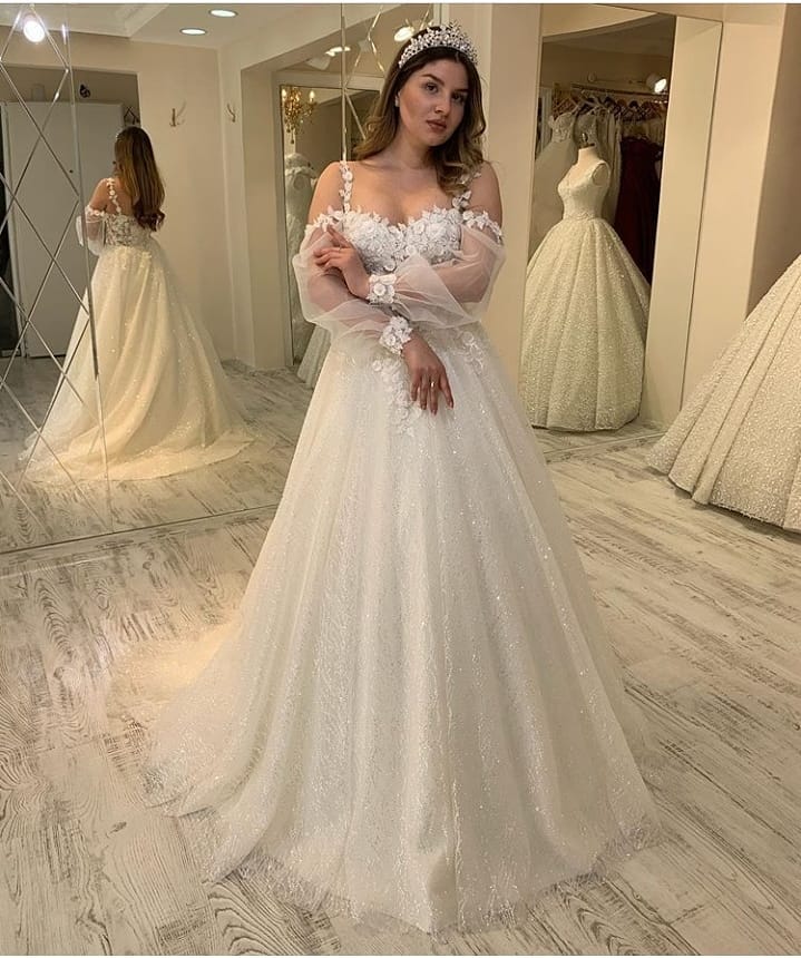 Glitter Spaghetti-Straps Sweetheart A-Line Long Wedding Dress with Sleeves