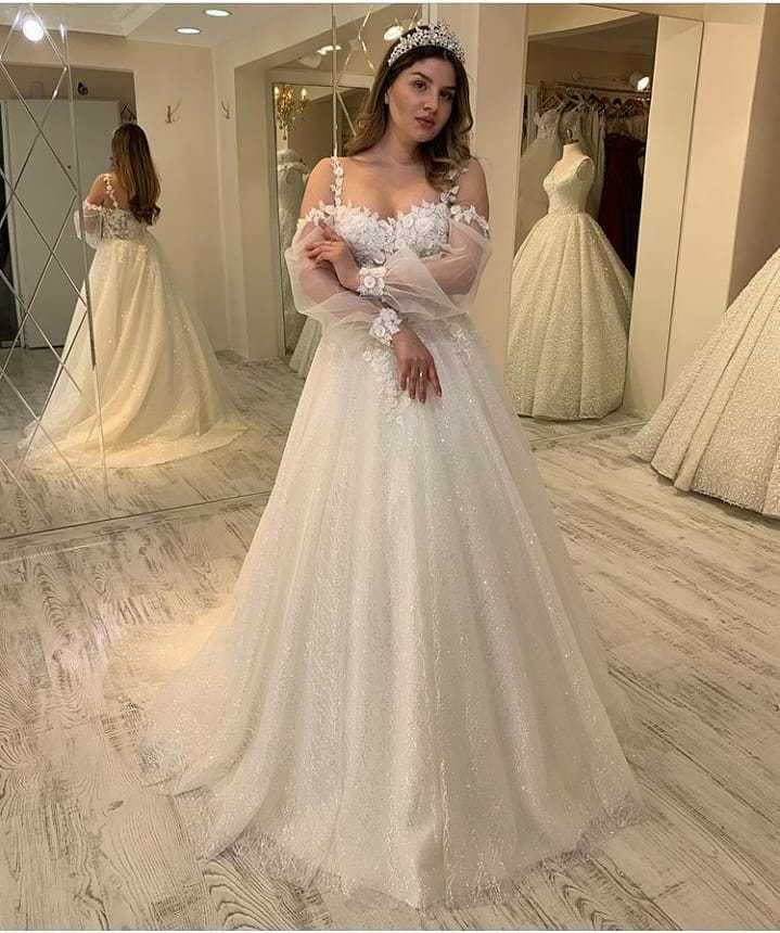 Glitter Spaghetti-Straps Sweetheart A-Line Long Wedding Dress with Sleeves