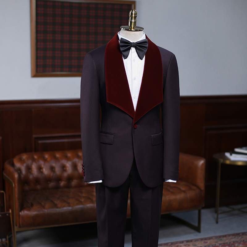 Alexander Unique Burgundy with Velvet Lapel Two-Piece Wedding Suit for Grooms