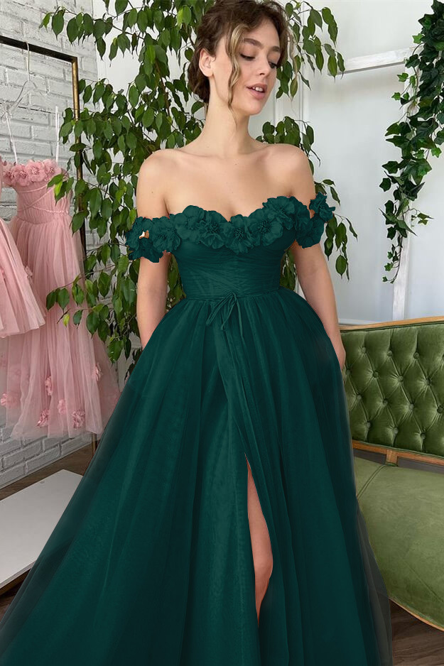Dusty Pink A-Line Slit Strapless Off-The-Shoulder Evening Dress With Tulle Appliques