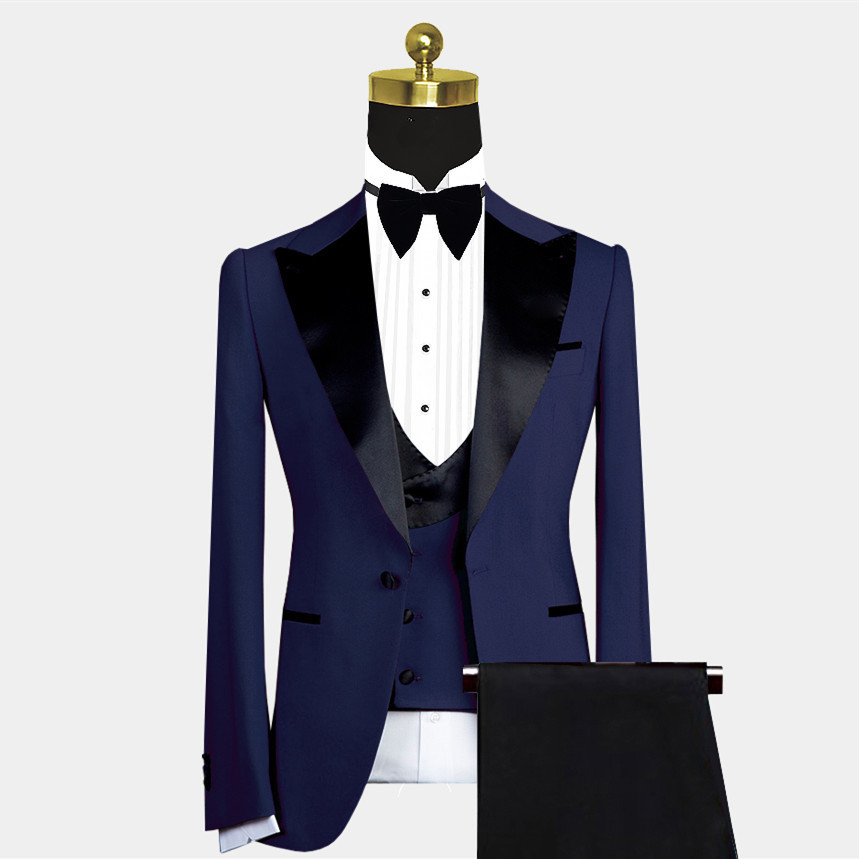 Cool Dark Navy Men's Suit for Wedding with Peaked Lapel