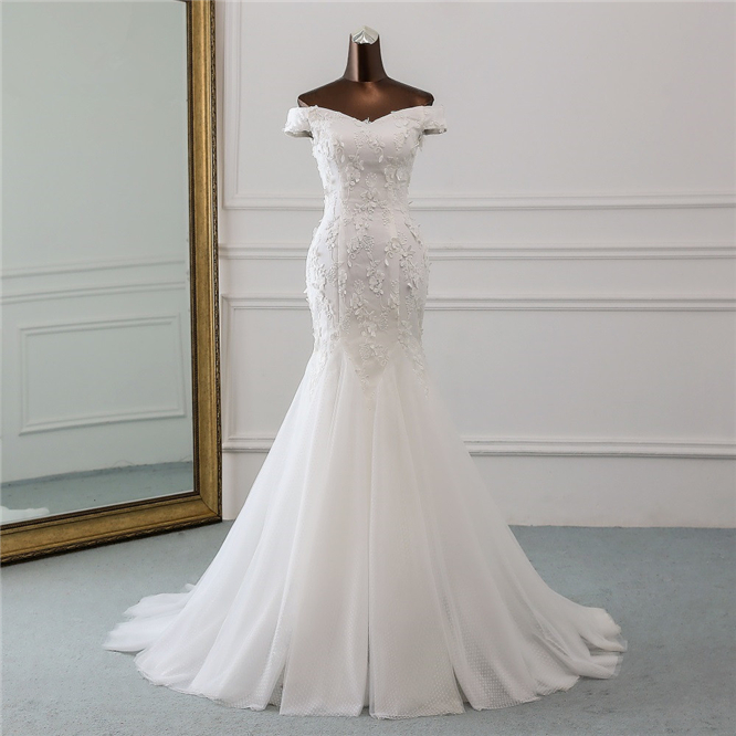 Sexy Long Off-the-Shoulder Mermaid Wedding Dress with Lace Tulle
