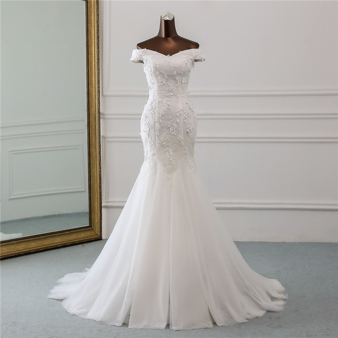 Sexy Long Off-the-Shoulder Mermaid Wedding Dress with Lace Tulle