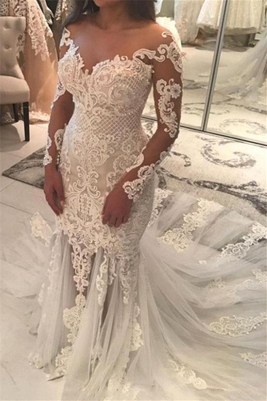 Long Sleeves Beads Off-the-Shoulder Mermaid Wedding Dress with Lace Appliques