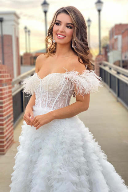 Pink Long Prom Dress with Feathers - Off-the-Shoulder A-Line Princess Style