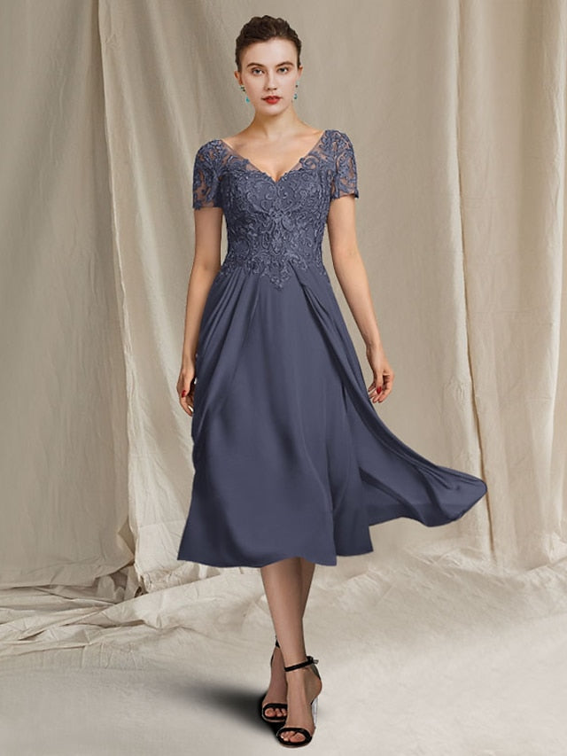 Elegant V-Neck A-Line Princess Tea-Length Dress for the Mother of the Bride